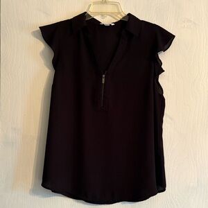 Women's Black Zip-Front Flutter Sleeve Top